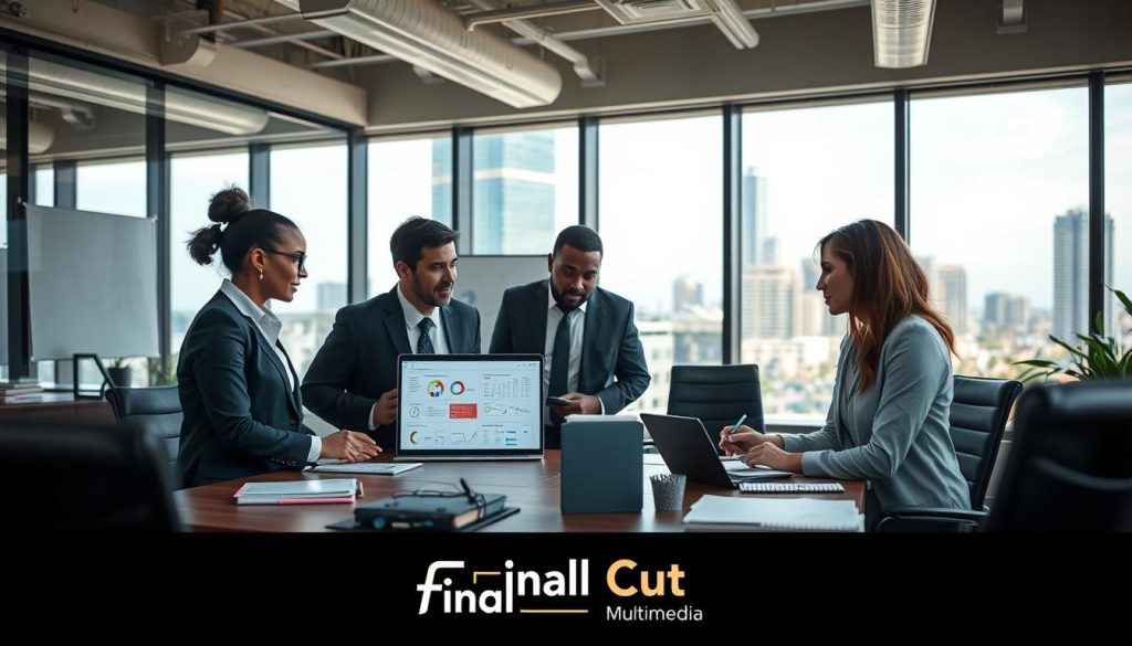 b2b content strategy services|A professional video content creation scene featuring a diverse group of business professionals in a well-lit