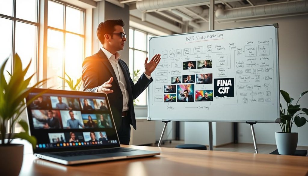b2b video marketing services|A modern office setting showcasing the concept of a monthly content retainer. In the foreground