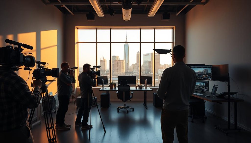 brand storytelling video charlotte nc|A collaborative team of business storytelling specialists strategizes in a cozy Charlotte