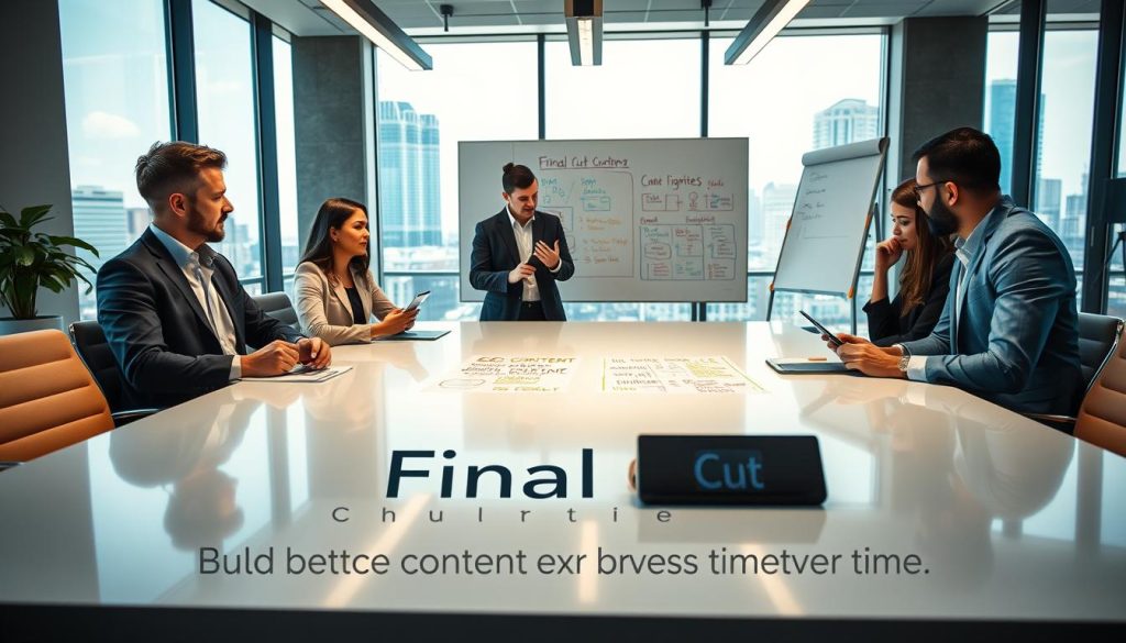 business content development services|A modern office space bathed in warm