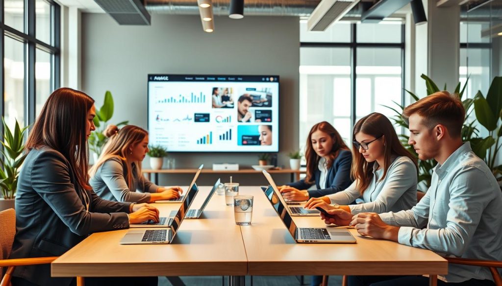 business content marketing services|A modern video content creation studio scene featuring a diverse