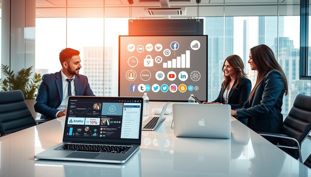 business social media services|A vibrant office environment showcasing the concept of social media marketing. In the foreground