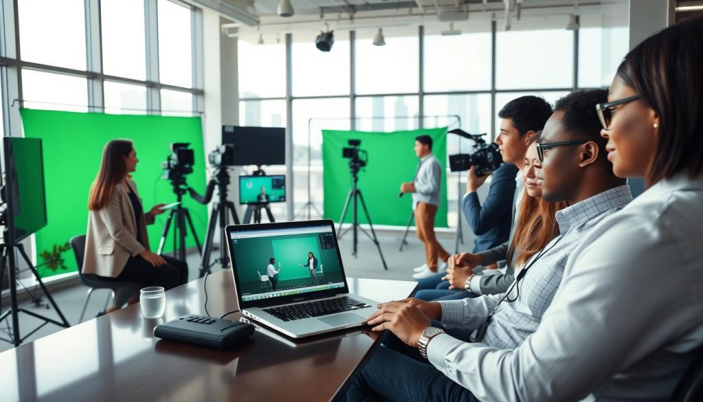 business video content services|A dynamic video production scene showcasing a professional workspace. In the foreground