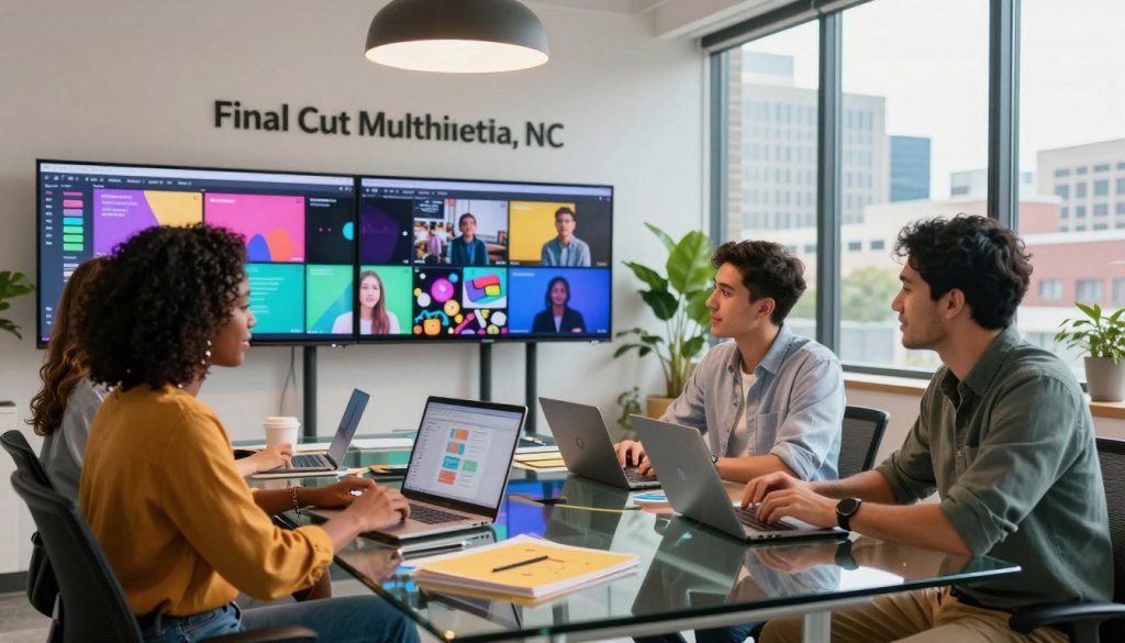 content creation company|A modern office space showcasing a collaborative business environment. In the foreground