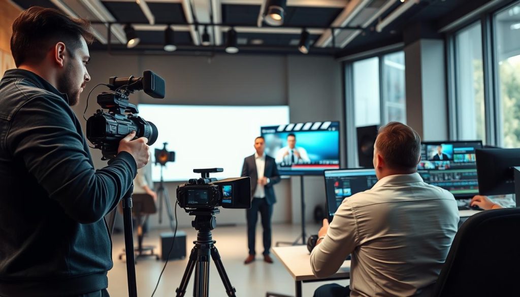 corporate video production services|A professional office setting focused on video production services. In the foreground
