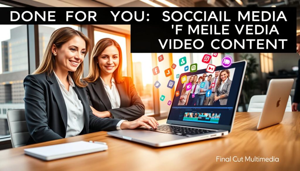 done for you social media video content|A modern office setting featuring a diverse group of professionals collaborating around a conference table