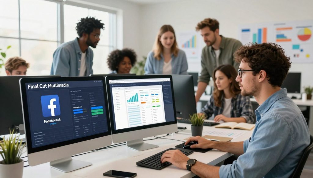 facebook marketing services|A professional video advertising scene showcasing a creative workspace