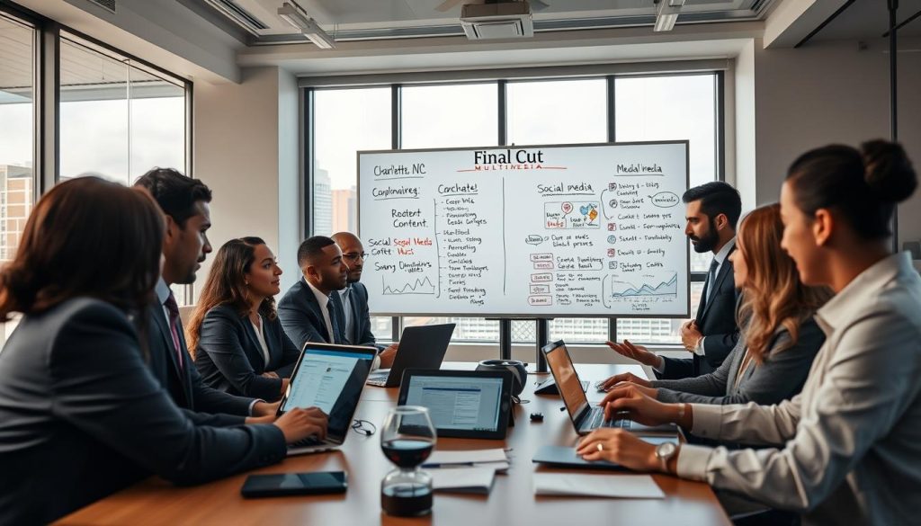 how to stay visible on social media as a business|A professional workspace featuring a diverse group of four business people engaged in a lively discussion around a large