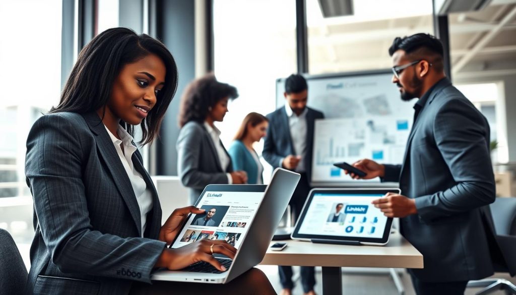 linkedin content services|A dynamic and professional office setting featuring a diverse group of business professionals in smart business attire