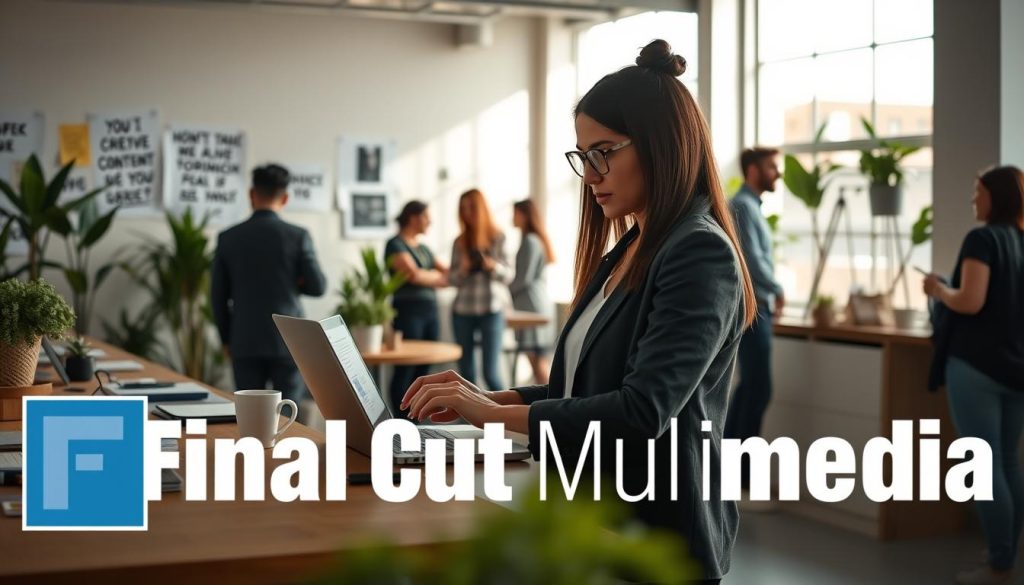 local business social media management|A professional office setting featuring a diverse group of individuals engaged in a brainstorming session
