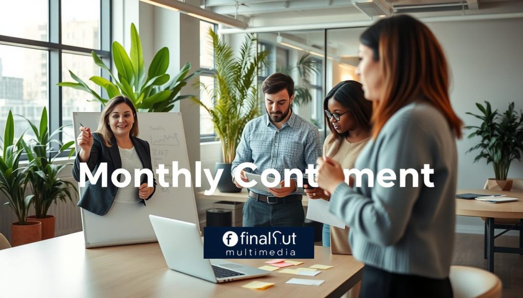 monthly content creation|A professional workspace that embodies "promotional focus social media." Foreground shows a sleek laptop open to colorful social media analytics