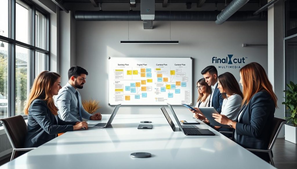 monthly content retainer for small businesses|A dynamic scene depicting a marketing team in a modern office
