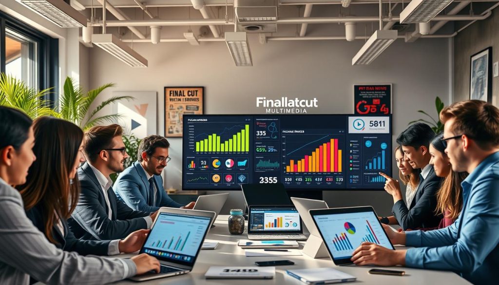 monthly social media services|A visually striking scene in a professional office setting