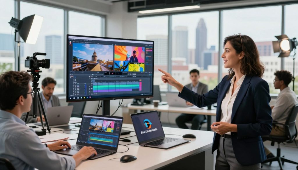promotional video services|A high-definition studio setting showcasing a professional video production in action. In the foreground