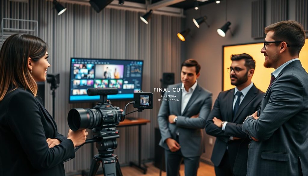 small business video services|A dynamic workspace showcasing a small business video production setup for "Final Cut Multimedia." In the foreground