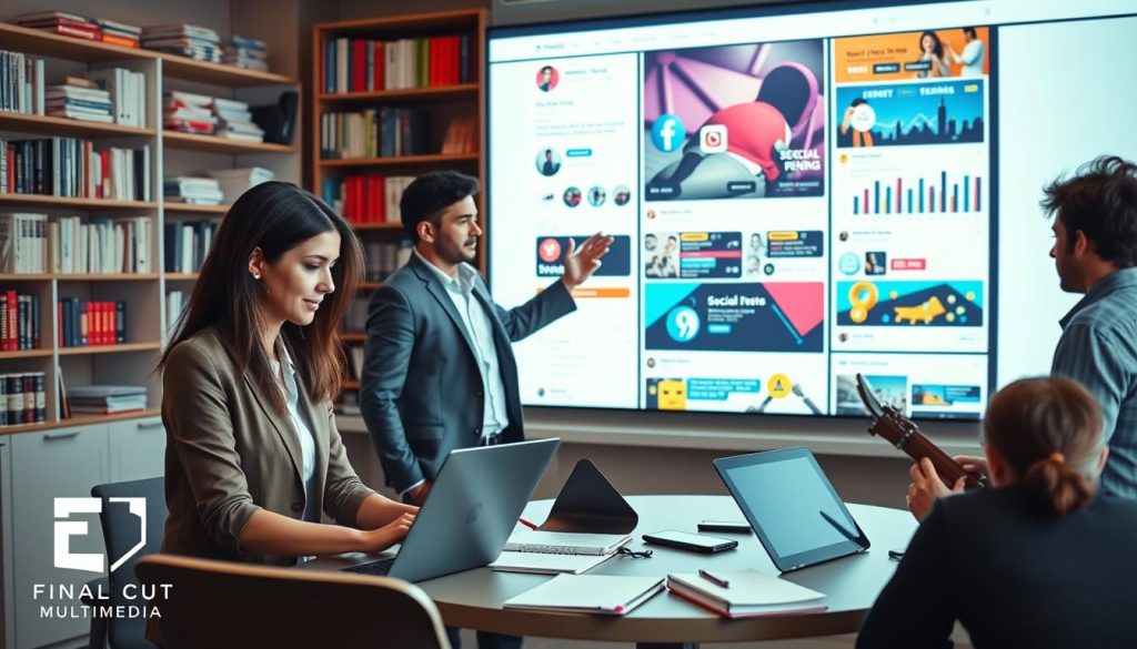 social media account management|A modern office setting with a diverse team of professionals engaging in a creative brainstorming session. The foreground features a confident woman in smart business attire