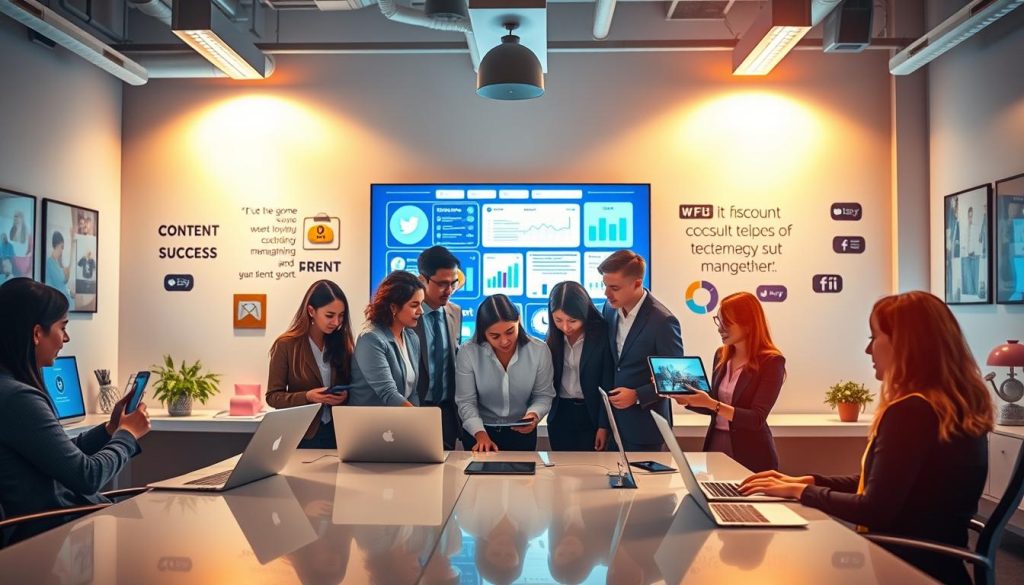 social media account management|A professional and inviting workspace showcasing a tailored marketing strategy for Final Cut Multimedia. In the foreground