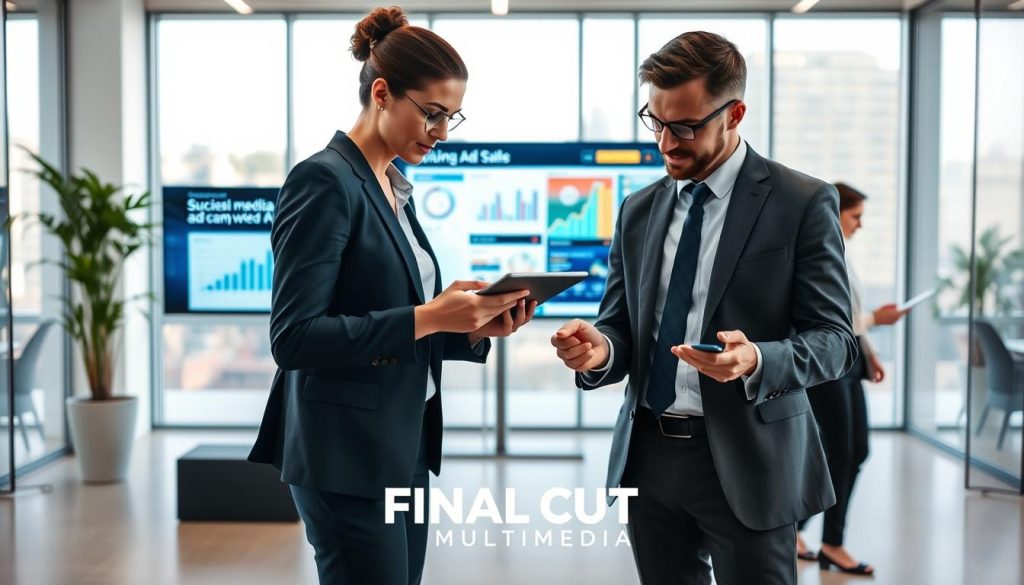 social media ad management services|A dynamic scene illustrating "Strategic Messaging" for social media ad management