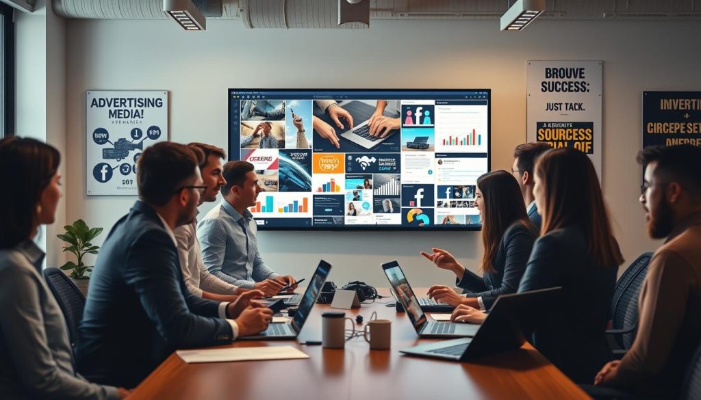 social media advertising services|A modern office setting bathed in bright