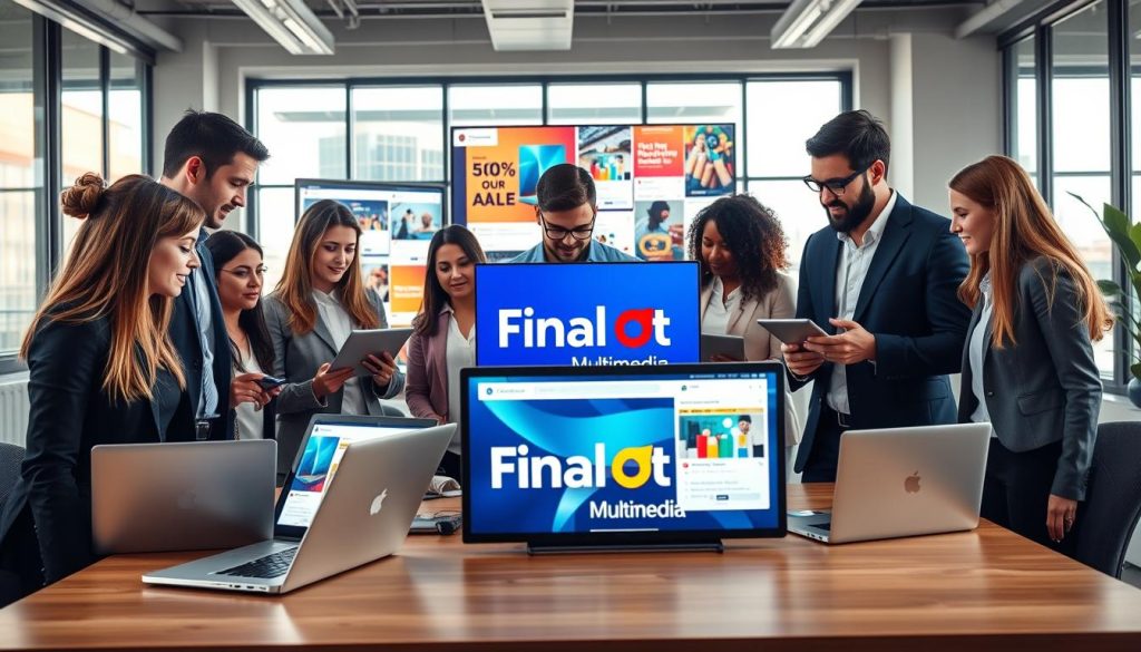 social media advertising services|A dynamic office environment featuring a diverse group of professionals in business attire