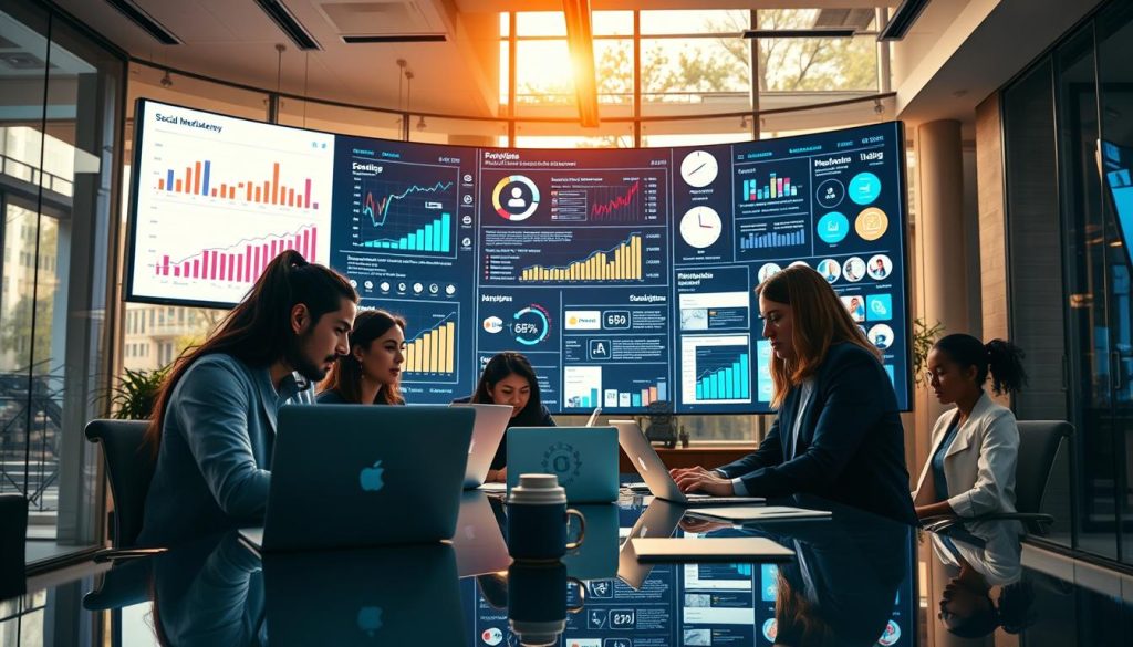 social media agency|A vibrant office scene showcasing a modern social media agency