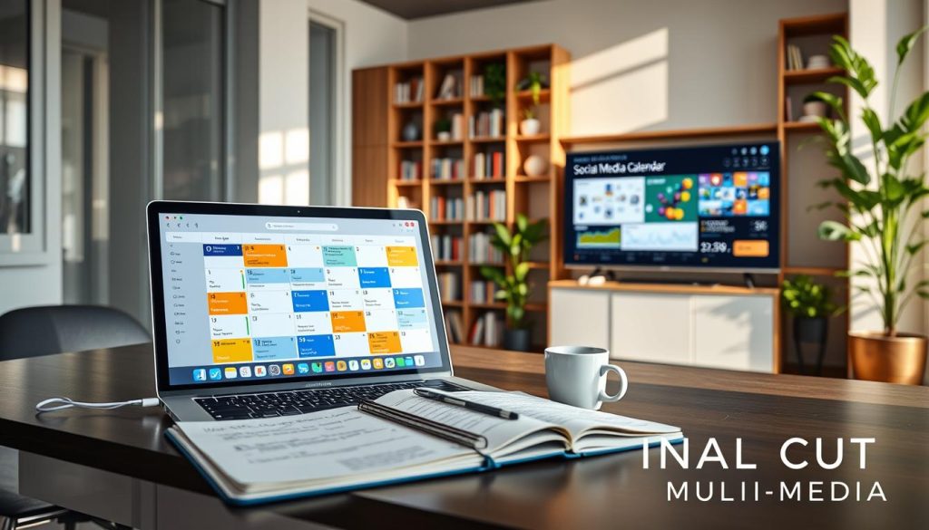 social media calendar management|A modern digital workspace featuring a diverse group of professionals collaborating on branding strategies. In the foreground