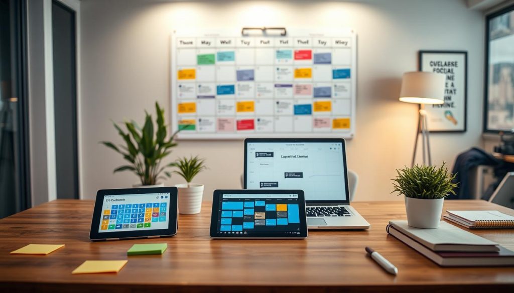 social media calendar management|A visually organized workspace depicting social media scheduling for "Final Cut Multimedia." In the foreground