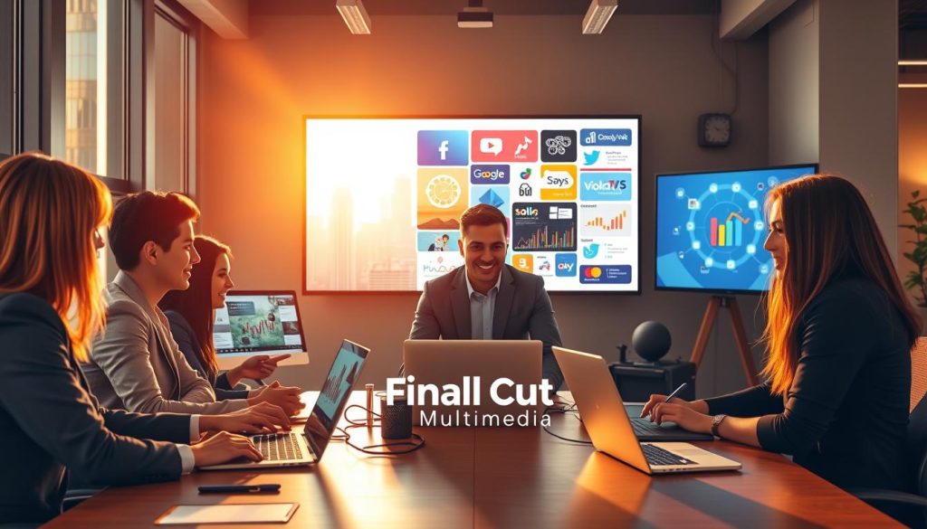 social media campaign services|A futuristic office environment representing the concept of staying relevant in the digital landscape. In the foreground