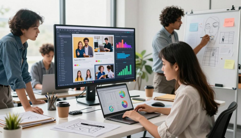 social media content creation services|A visually engaging and professional illustration featuring the key factors for selecting a content partner. In the foreground