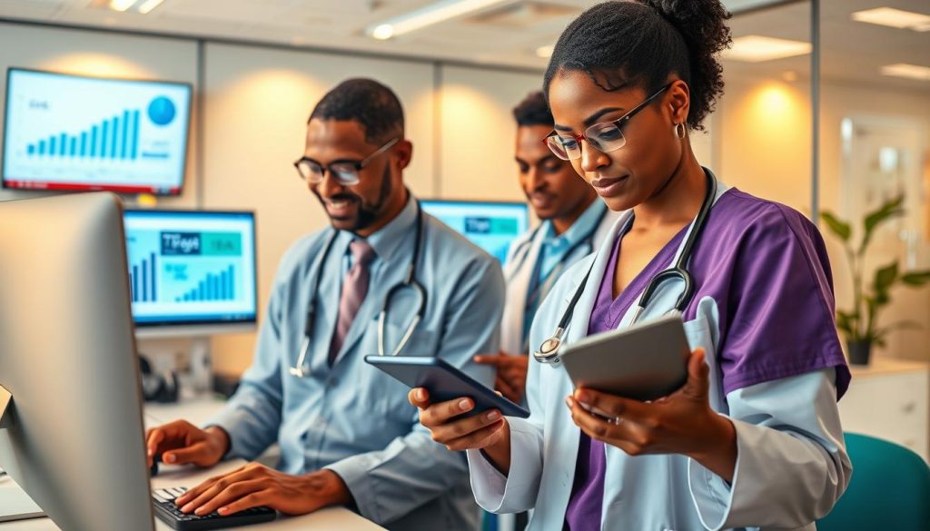 social media content for healthcare businesses|A warm and inviting healthcare community scene where diverse healthcare professionals