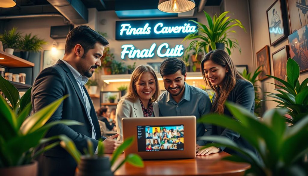 social media content for local business|A warm and inviting scene illustrating "building trust online through authentic storytelling." In the foreground