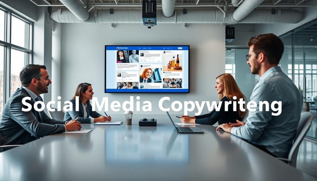 social media copywriting services|A modern office workspace featuring a professional editor at a sleek desk
