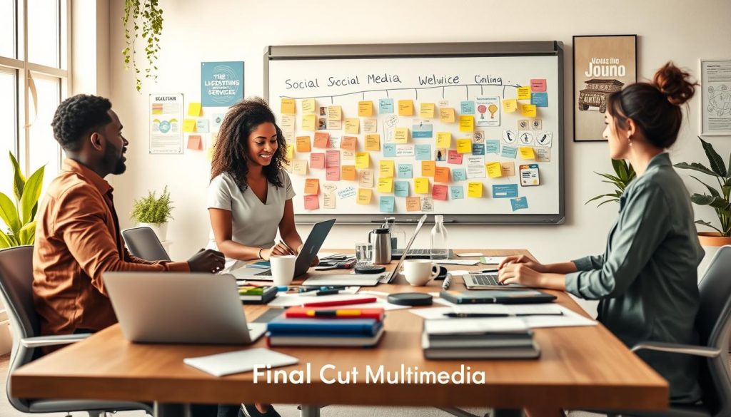 social media copywriting services|A sleek and modern digital workspace scene illustrating the concept of "Building Trust Online." In the foreground