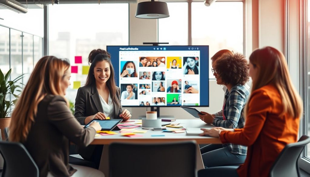 social media creative services|A dynamic workspace scene showcasing a team of diverse professionals collaboratively brainstorming ideas for custom content tailored to various businesses. In the foreground