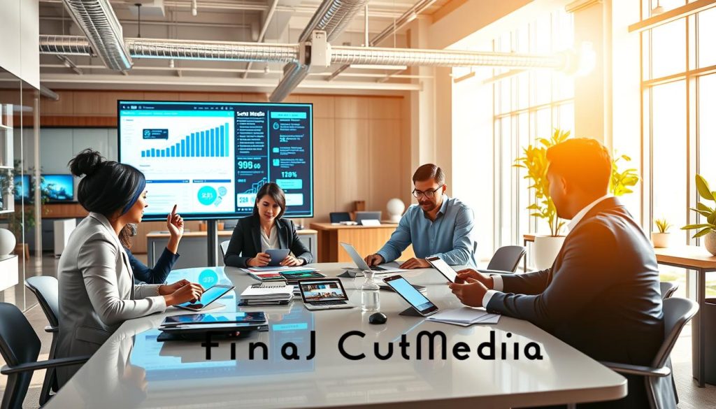 social media lead generation services|A modern video production studio setting with a professional videographer filming a vibrant scene. In the foreground
