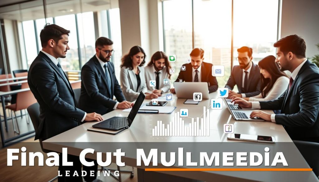 social media lead generation services|A dynamic workspace illustrating "Strategic Messaging for Audience Attention" in a modern office setting. In the foreground