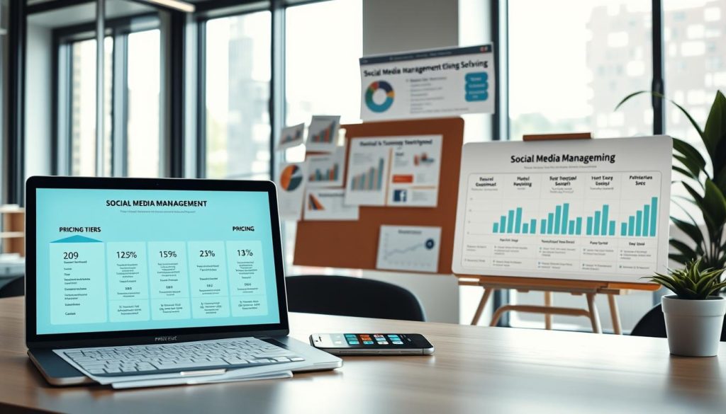 social media management pricing|A split-screen image illustrating the comparison between hourly rates and fixed monthly packages for social media management. In the foreground