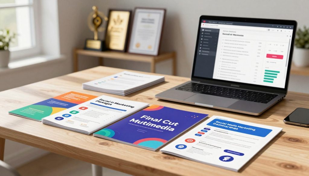 social media marketing packages|A vibrant workspace scene showcasing a diverse team of professionals collaborating on custom content strategies for businesses. In the foreground
