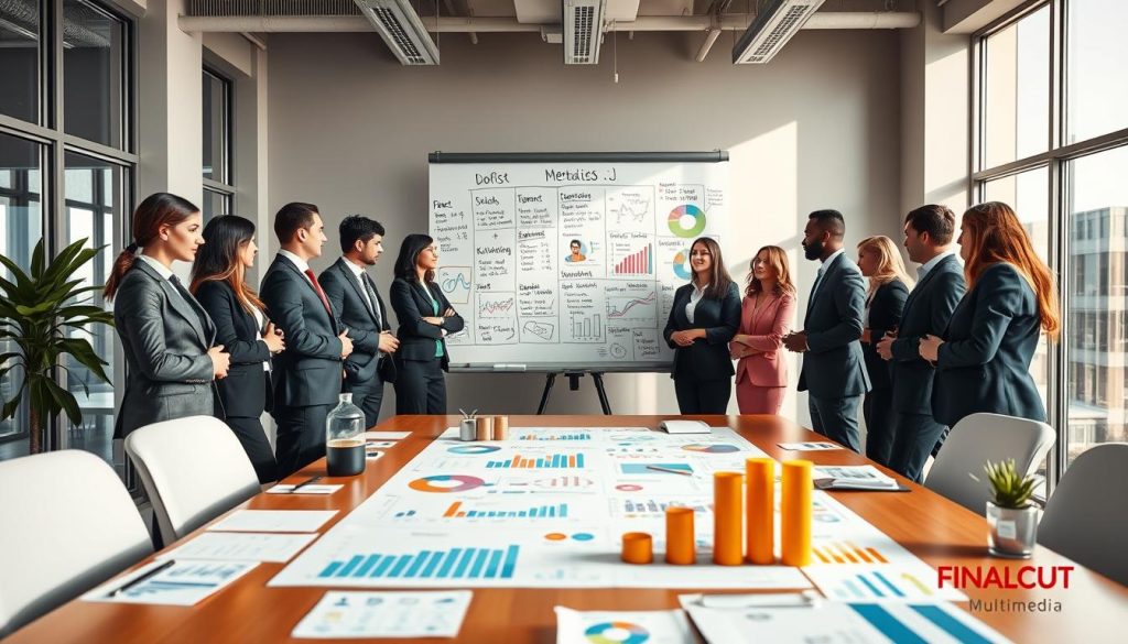 social media marketing plans|A modern office environment showcasing a diverse team of professionals engaged in a strategy meeting about social media marketing. In the foreground