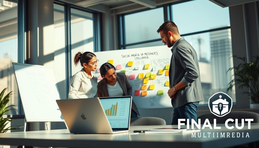 social media optimization services|A modern office setting featuring a diverse group of professionals in business attire engaging in a collaborative discussion. In the foreground