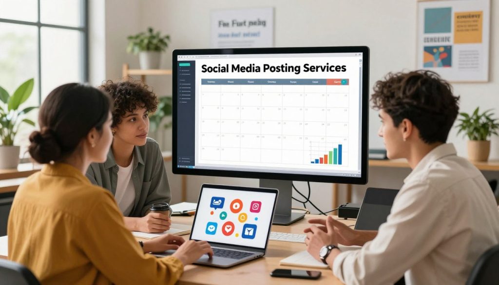social media posting services|A dynamic office scene featuring a diverse team of business professionals