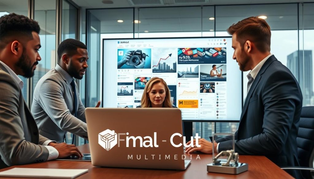 social media profile management|A modern office setting that showcases the concept of social media management. In the foreground