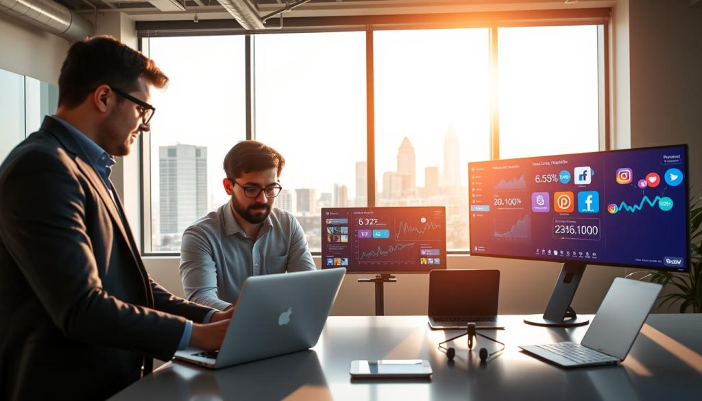 social media promotion services|A modern office workspace showcasing a dynamic team collaborating on marketing content. In the foreground