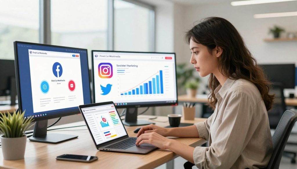 social media services for small business|A modern office setting with a young professional woman in business attire