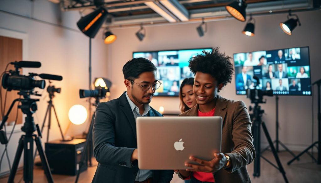 social media video production services|A dynamic scene of a creative video production team in a modern studio
