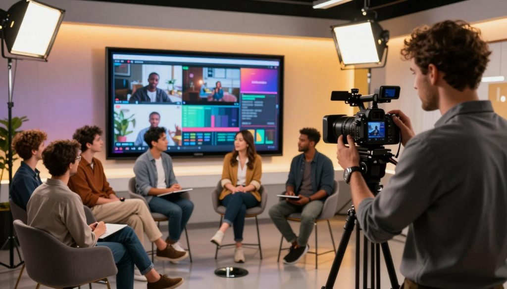 social media video production services|A dynamic filming set showcasing technical excellence in video production by Final Cut Multimedia. In the foreground