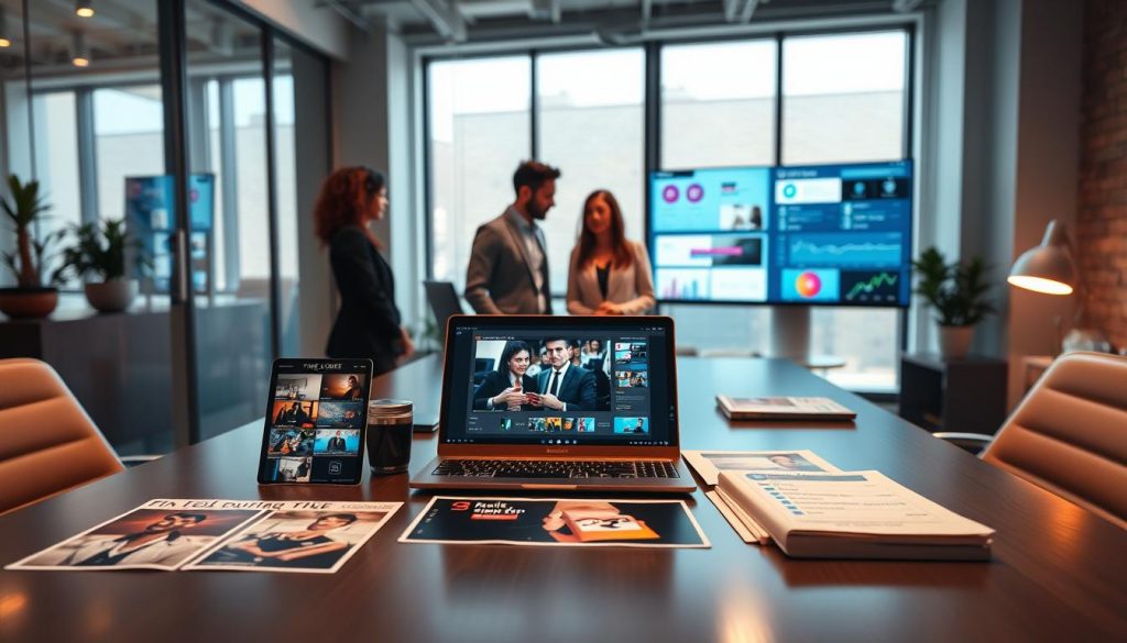 social media video retainer package|A warm and inviting office space where a diverse group of professionals is engaged in a creative video brainstorming session. In the foreground