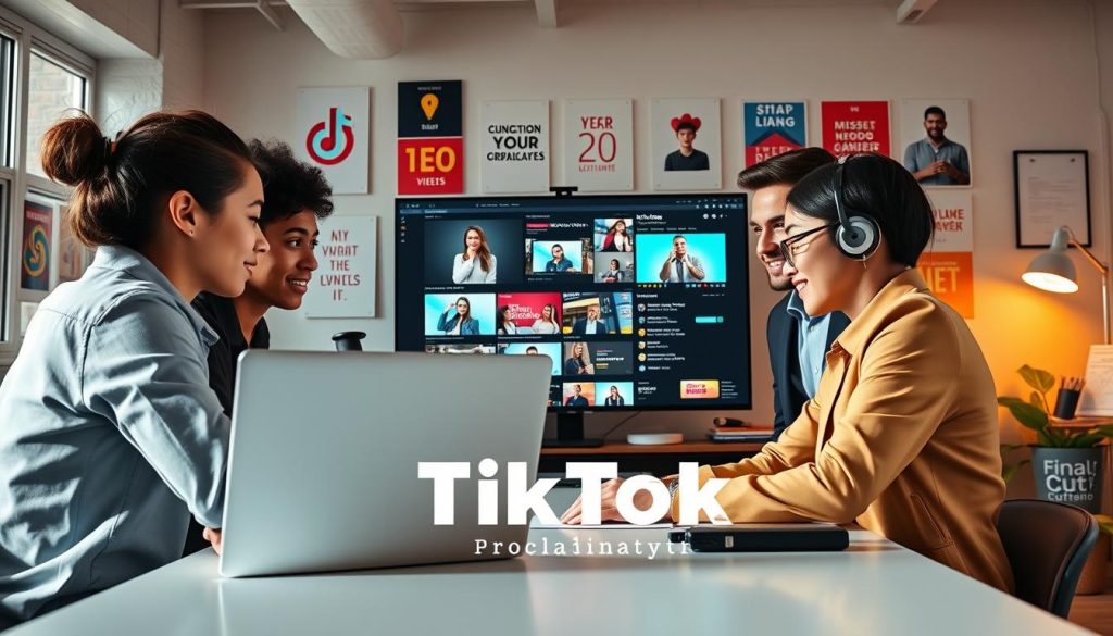 tiktok content services|A dynamic scene depicting a diverse group of professionals in a modern office environment
