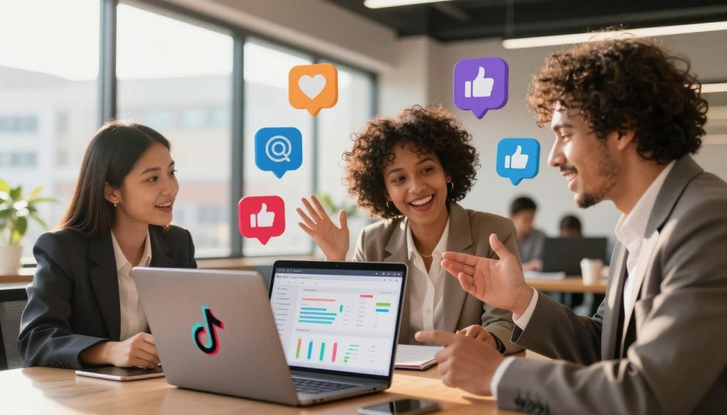 tiktok marketing services|A dynamic and engaging business meeting scene focused on maintaining brand safety while pursuing viral growth. In the foreground