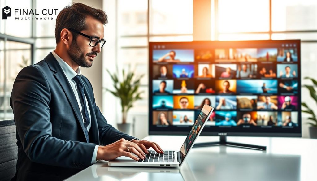 video advertising services|A dynamic and engaging scene illustrating the impact of short form video content for businesses. In the foreground